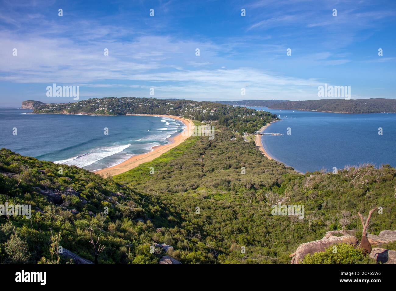 Barrenjoey peninsular from lighthouse Palm Beach on left Pittwater on right Sydney NSW Australia Stock Photo