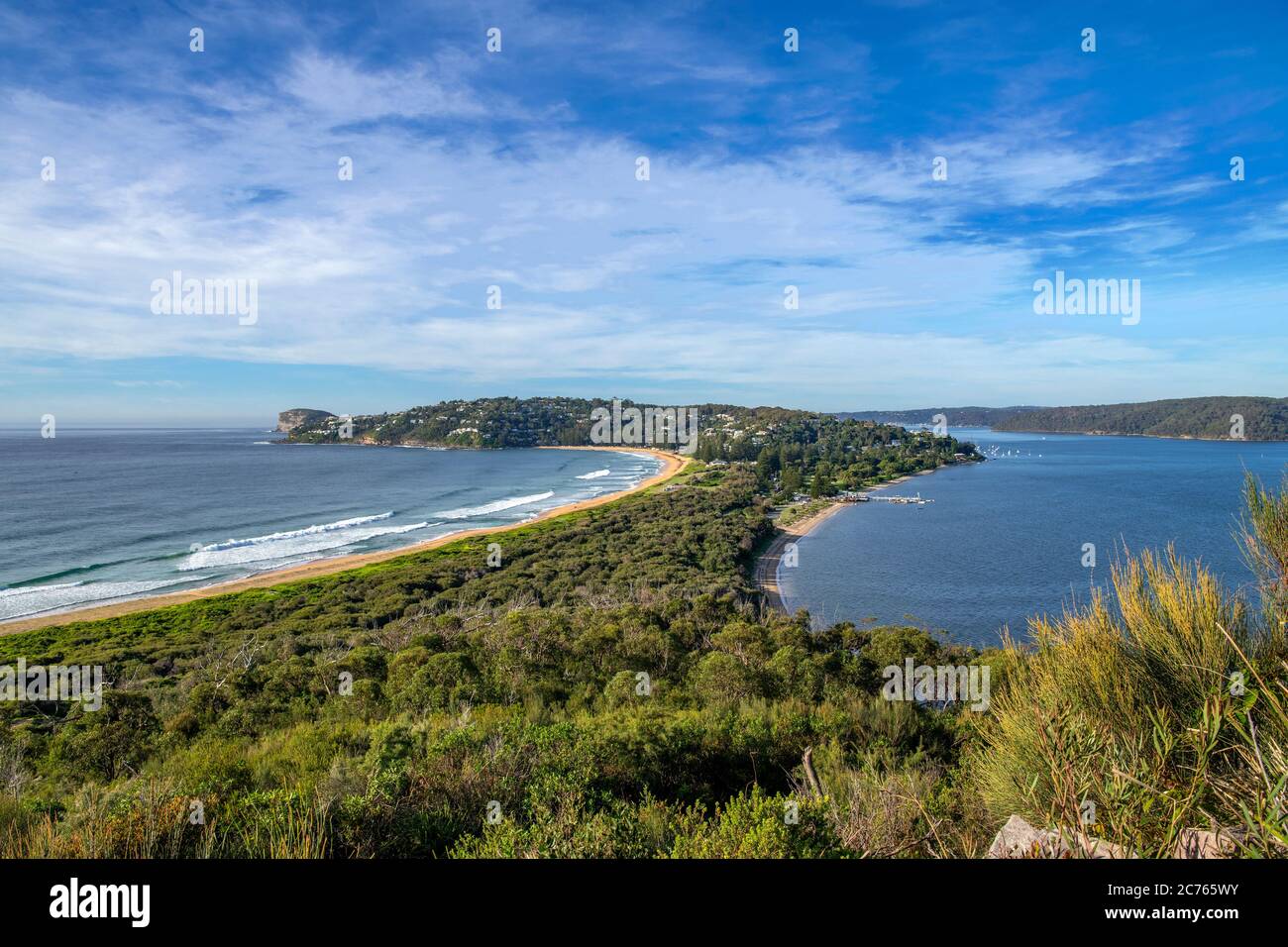 Barrenjoey peninsular from lighthouse Palm Beach on left Pittwater on right Sydney NSW Australia Stock Photo