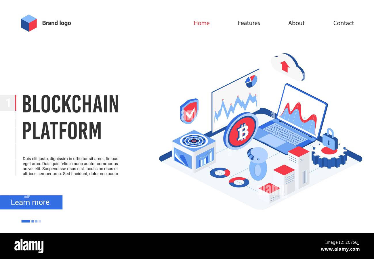 Isometric blockchain platform technology vector illustration. Modern concept banner, website design with cartoon 3d tech block chain symbols, cryptocurrency money market, finance analytics and trading Stock Vector