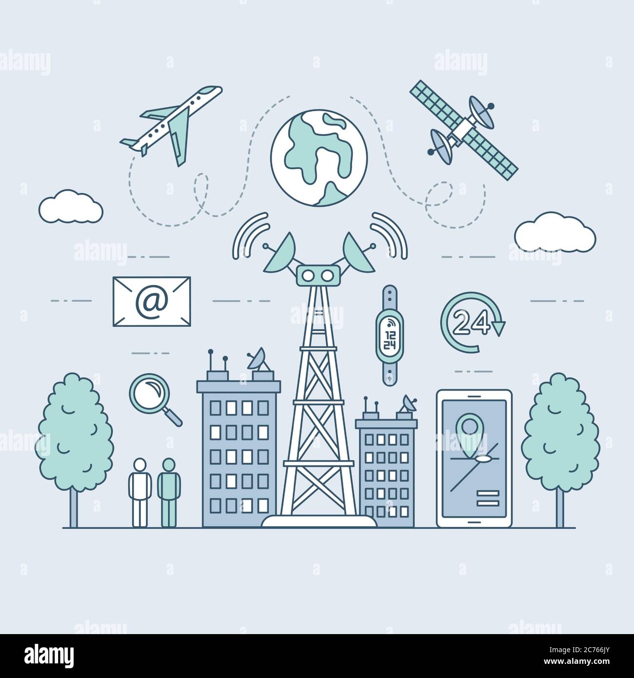 Transmission cellular tower or mobile communications tower on city landscape. Smartwatch, smartphone, satellite, plane, and homes using wireless communication vector cartoon outline illustration. Stock Vector