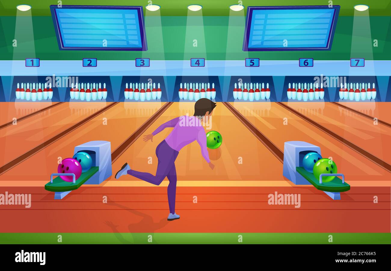Play bowling game flat vector illustration. Cartoon active man player playing in bowling alley interior, bowler gamer character throwing ball and striking pins, leisure or sport activity background Stock Vector