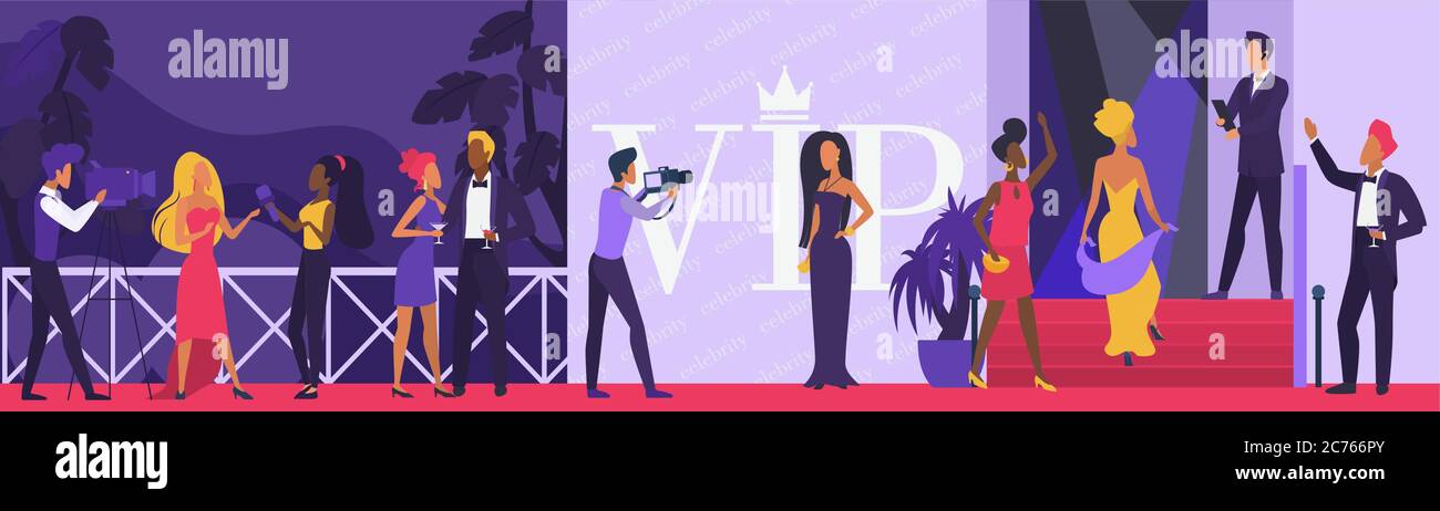 Celebrity vip party vector illustration. Cartoon flat superstar woman man character walking on red carpet, paparazzi taking photo by famous star actor model on celebrity ceremony event background Stock Vector