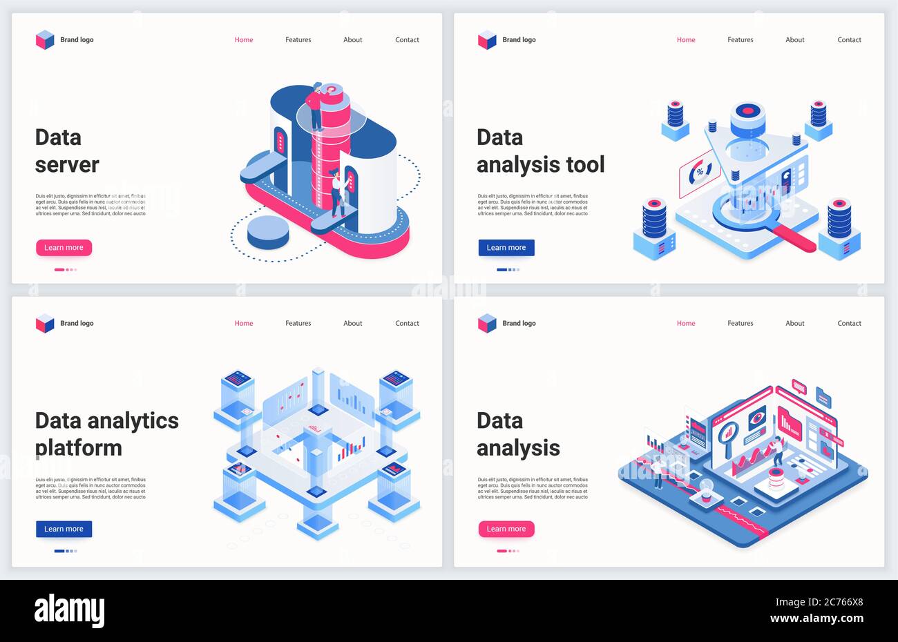 Isometric tech services of data center vector illustration. Creative modern concept banner set, website design with cartoon 3d database technology, data analysis and analytics tools of server storage Stock Vector