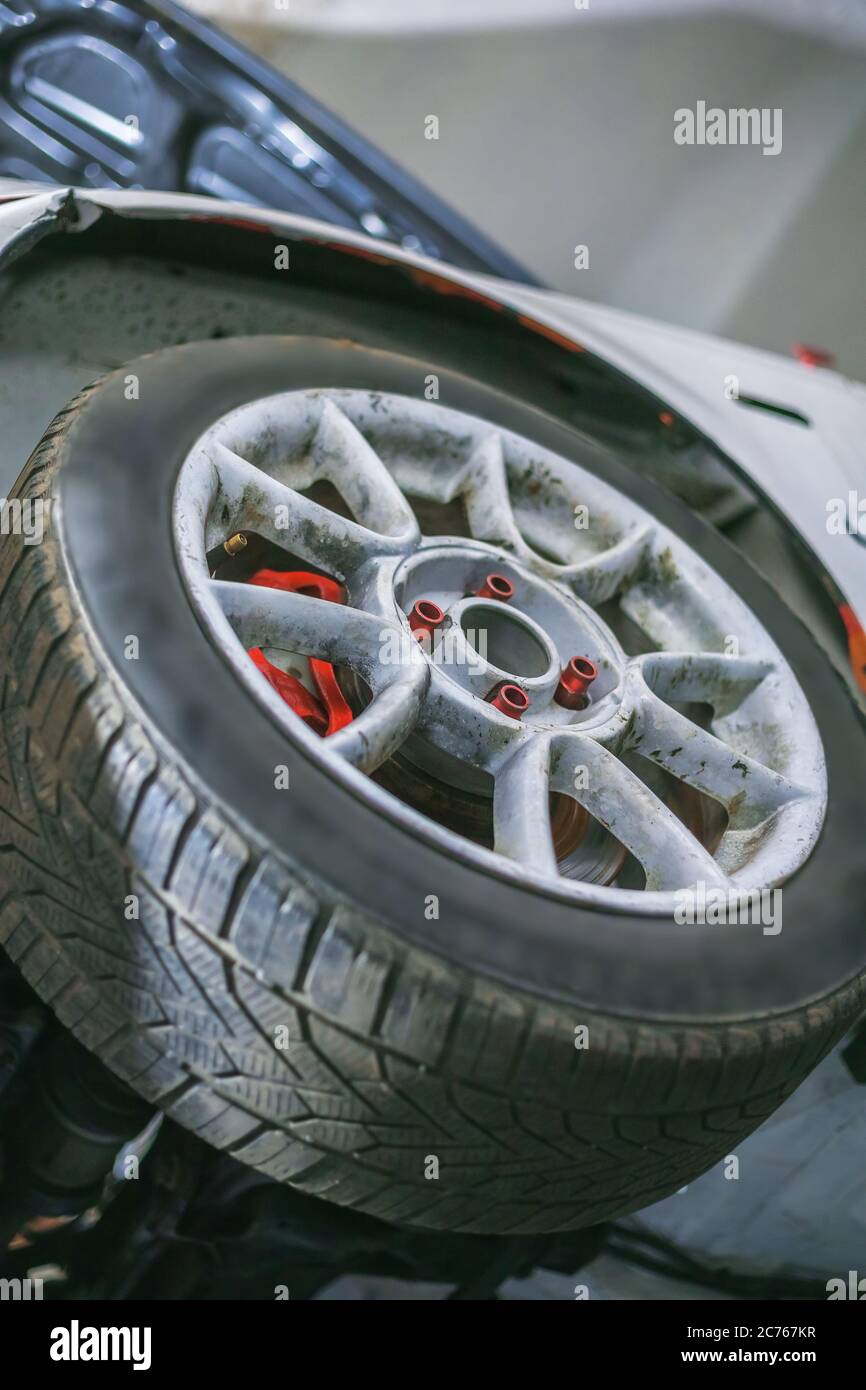 car wheel viewed from below Stock Photo
