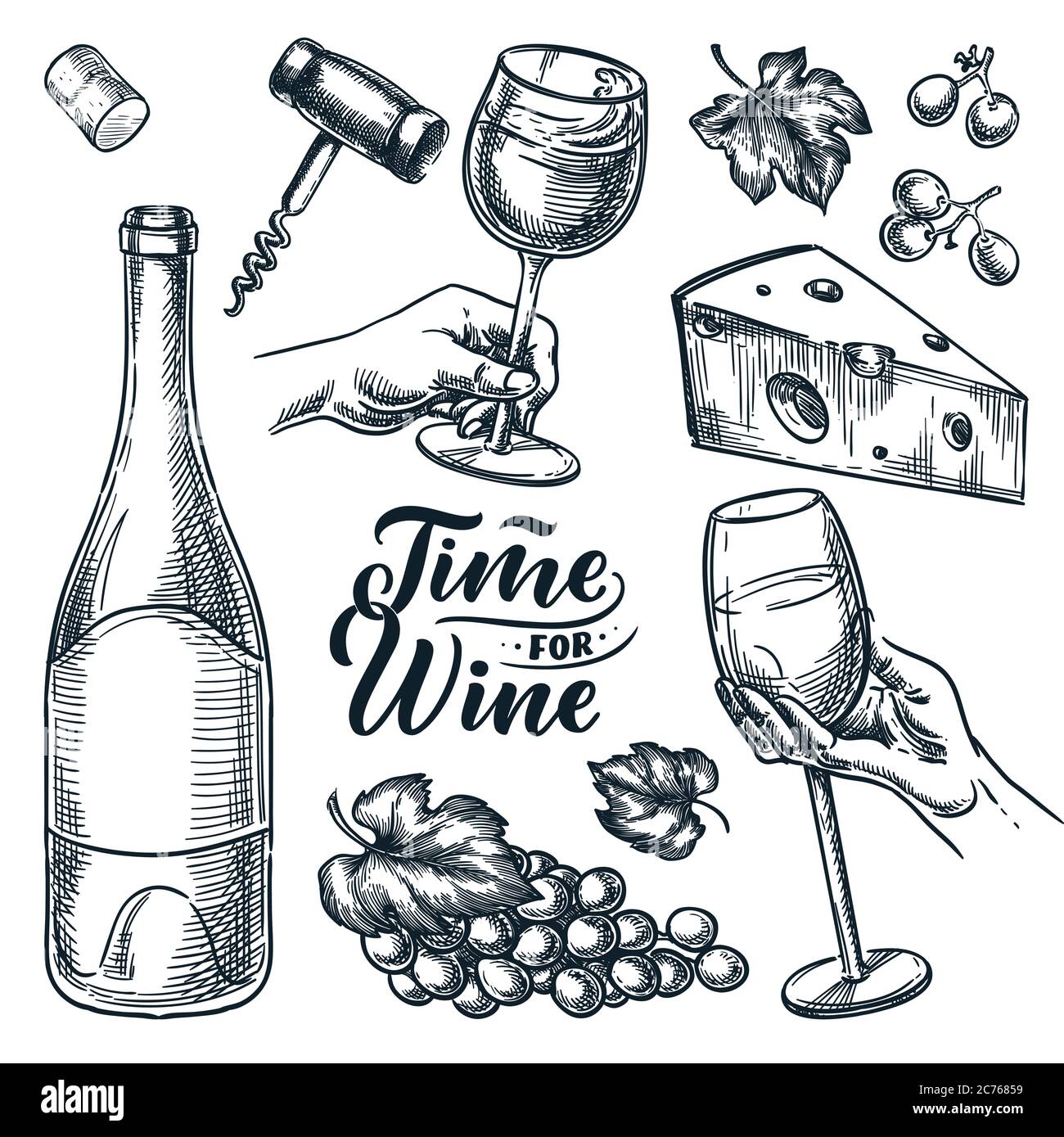 Time for wine vector hand drawn sketch illustration. Human hand holding wine glass. Bottle, cheese, grape vine, cork, corkscrew, isolated on white bac Stock Vector