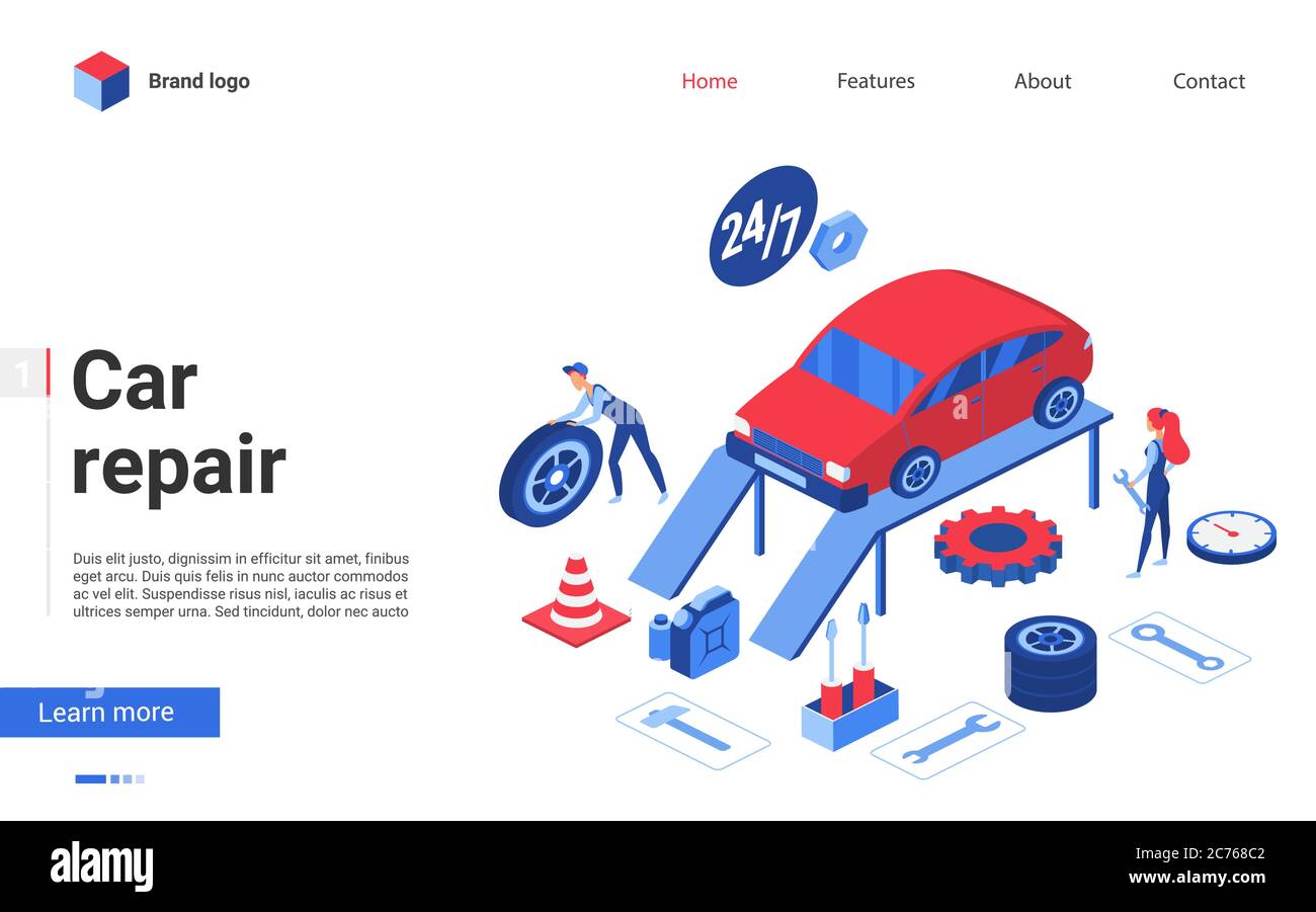 Isometric car repair service vector illustration. Cartoon creative banner design for website with 3d people working in auto garage autoservice center, repairman character repairing automobile vehicle Stock Vector
