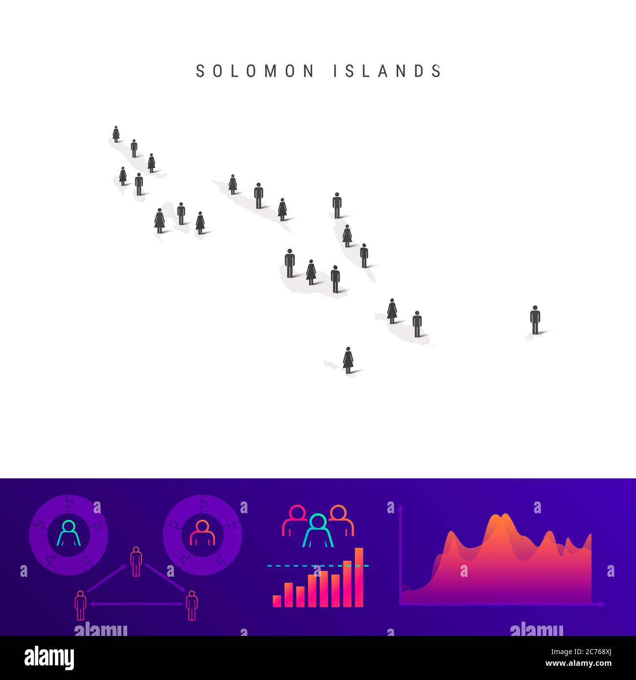 Solomon Islands people map. Detailed silhouette. Mixed crowd of men and women icons. Population infographic elements. illustration isolated on white. Stock Photo