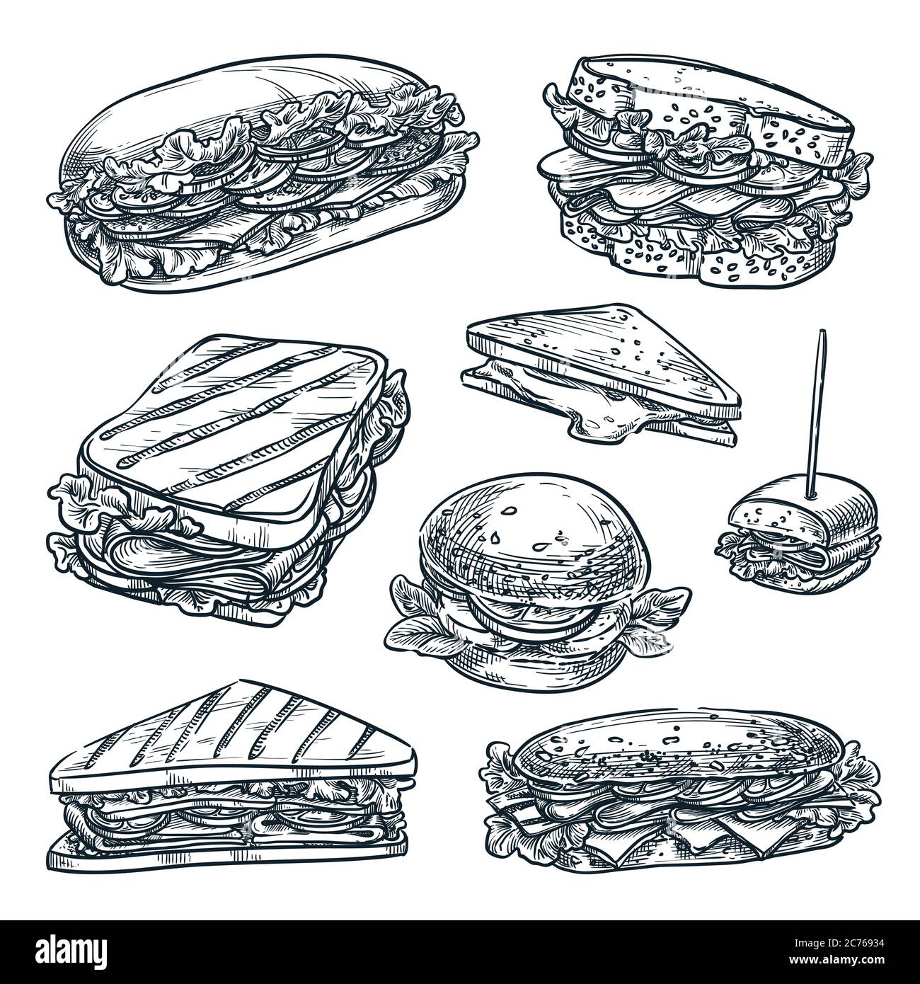 Homemade sandwiches set, isolated on white background. Fast food snacks vector sketch illustration. Multigrain bread with cheese, ham and tomato. Cafe Stock Vector
