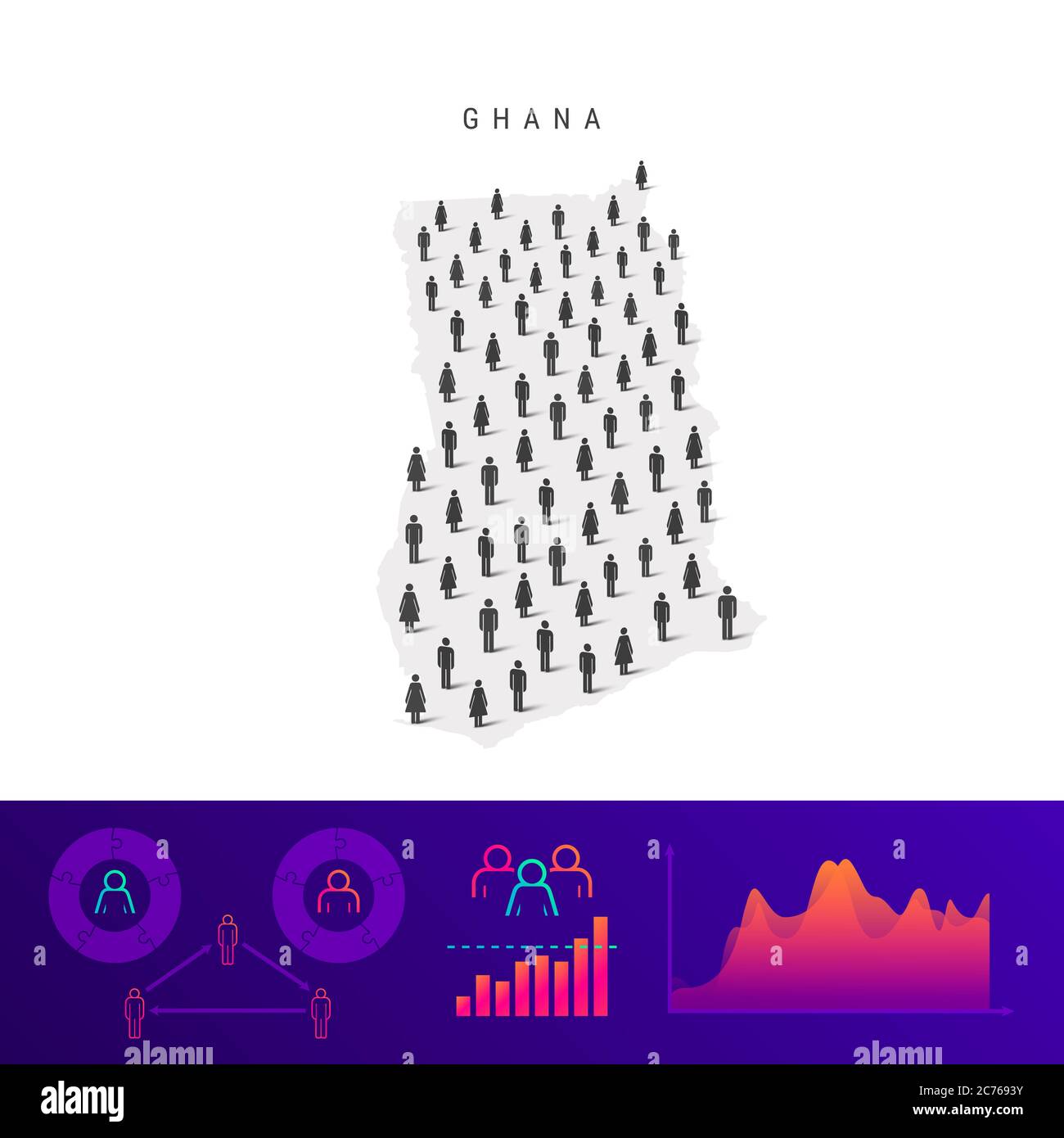 Ghana people map. Detailed silhouette. Mixed crowd of men and women