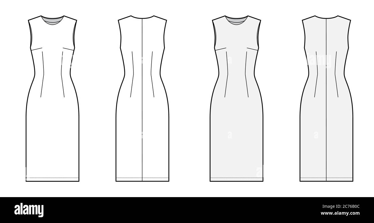 Sheath dress technical fashion illustration with fitted body, oval neck ...