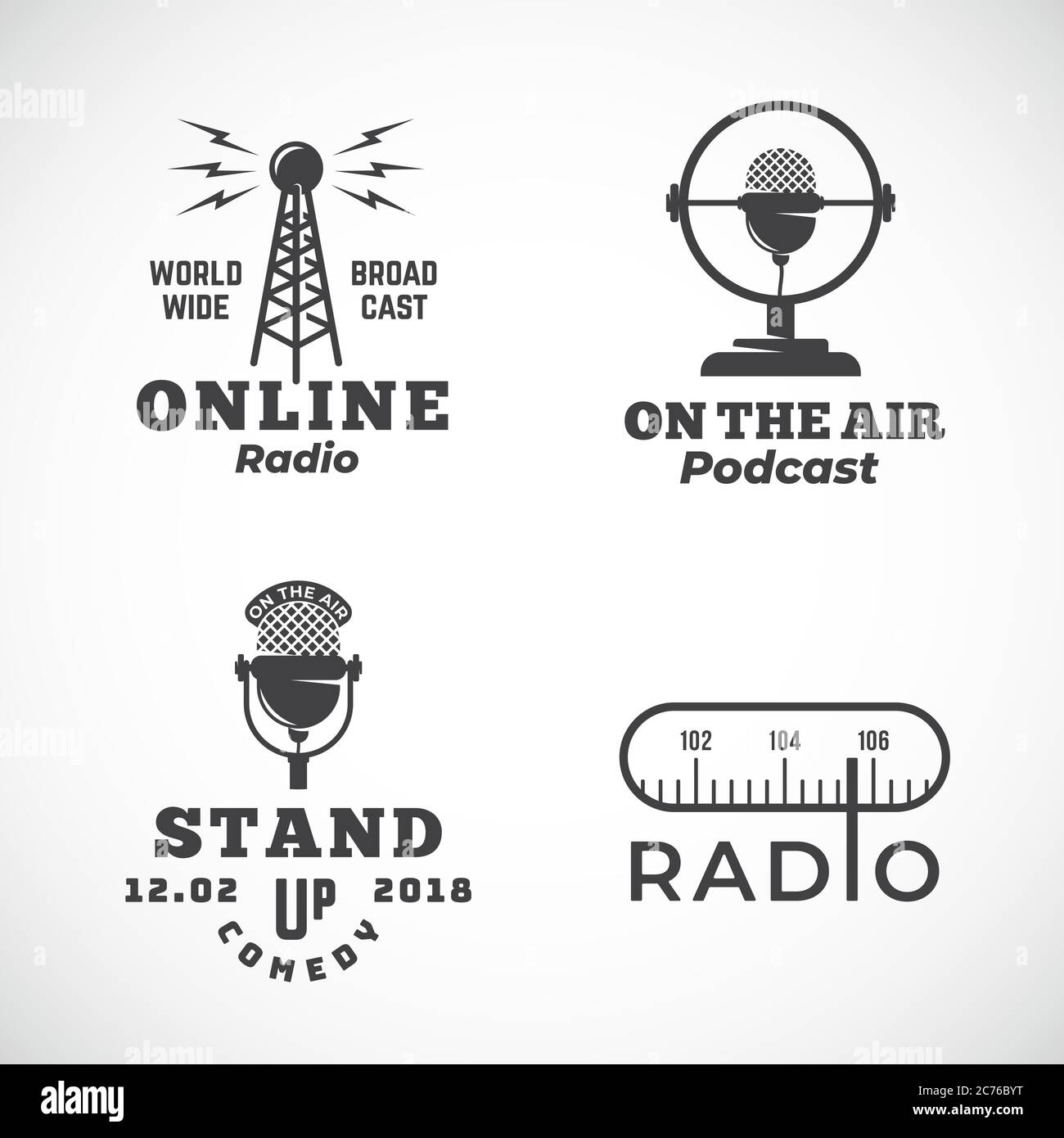 Online Radio and Microphone Abstract Vector Emblems Set. Broadcast Tower,  Podcast or Stand Up Comedy Microphone Signs or Logo Templates. Radio Scale  Stock Vector Image & Art - Alamy