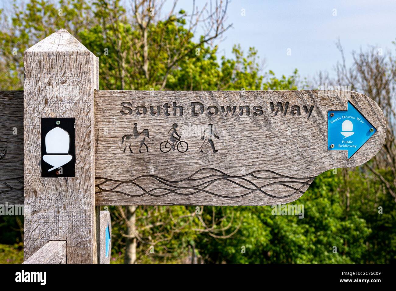 South Downs Way way marker / signpost near Chanctonbury Ring in the South Downs National Park, West Sussex, England, UK. Stock Photo