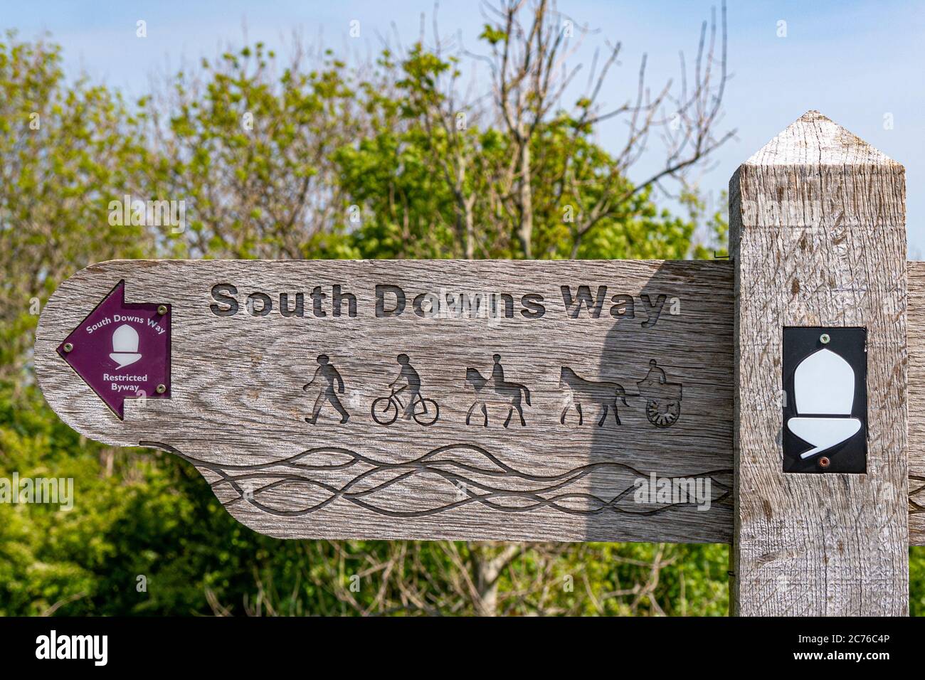 South Downs Way way marker / signpost near Chanctonbury Ring in the South Downs National Park, West Sussex, England, UK. Stock Photo