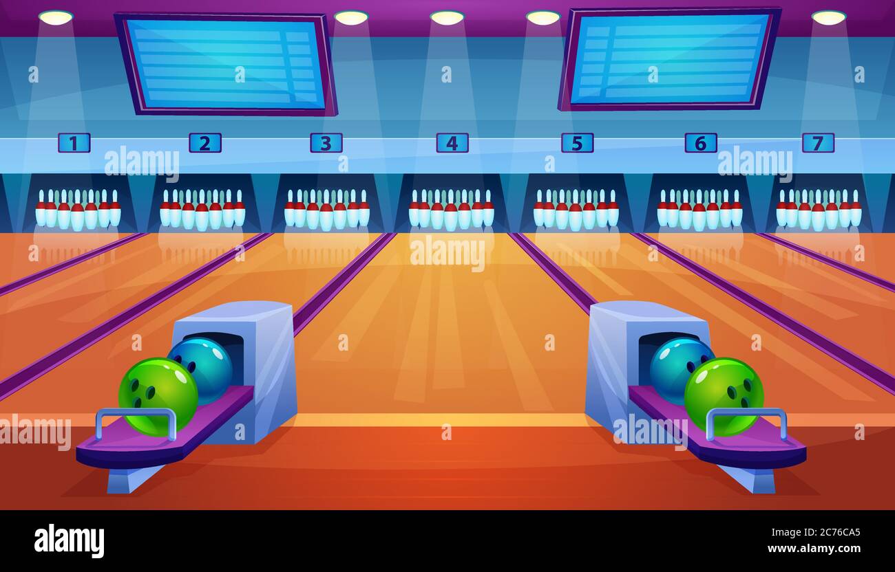 Bowling alley flat vector illustration. Cartoon empty bowling club interior with pin ball bowl sport game equipment on lane, scoreboard screen for gamer team competition, leisure activity background Stock Vector