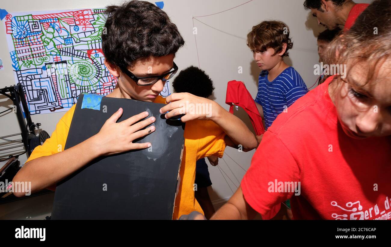 Zero Day Camp. Brooklyn, NY. Day Camp. Brooklyn, NY. Boy in self created costume Stock Photo