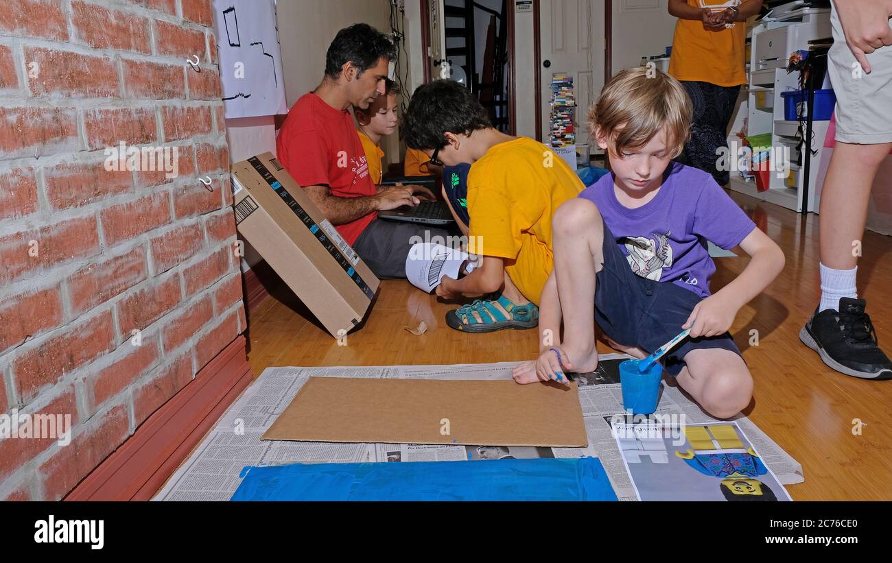 Day Camp. Brooklyn, Children working on design projects. Stock Photo