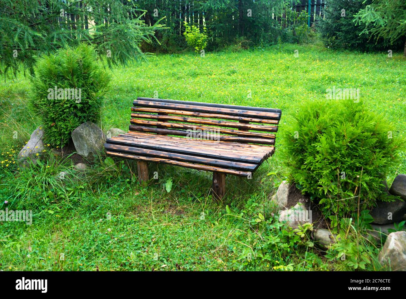 Wooden bench in the green park. Lawn with green grass Stock Photo - Alamy