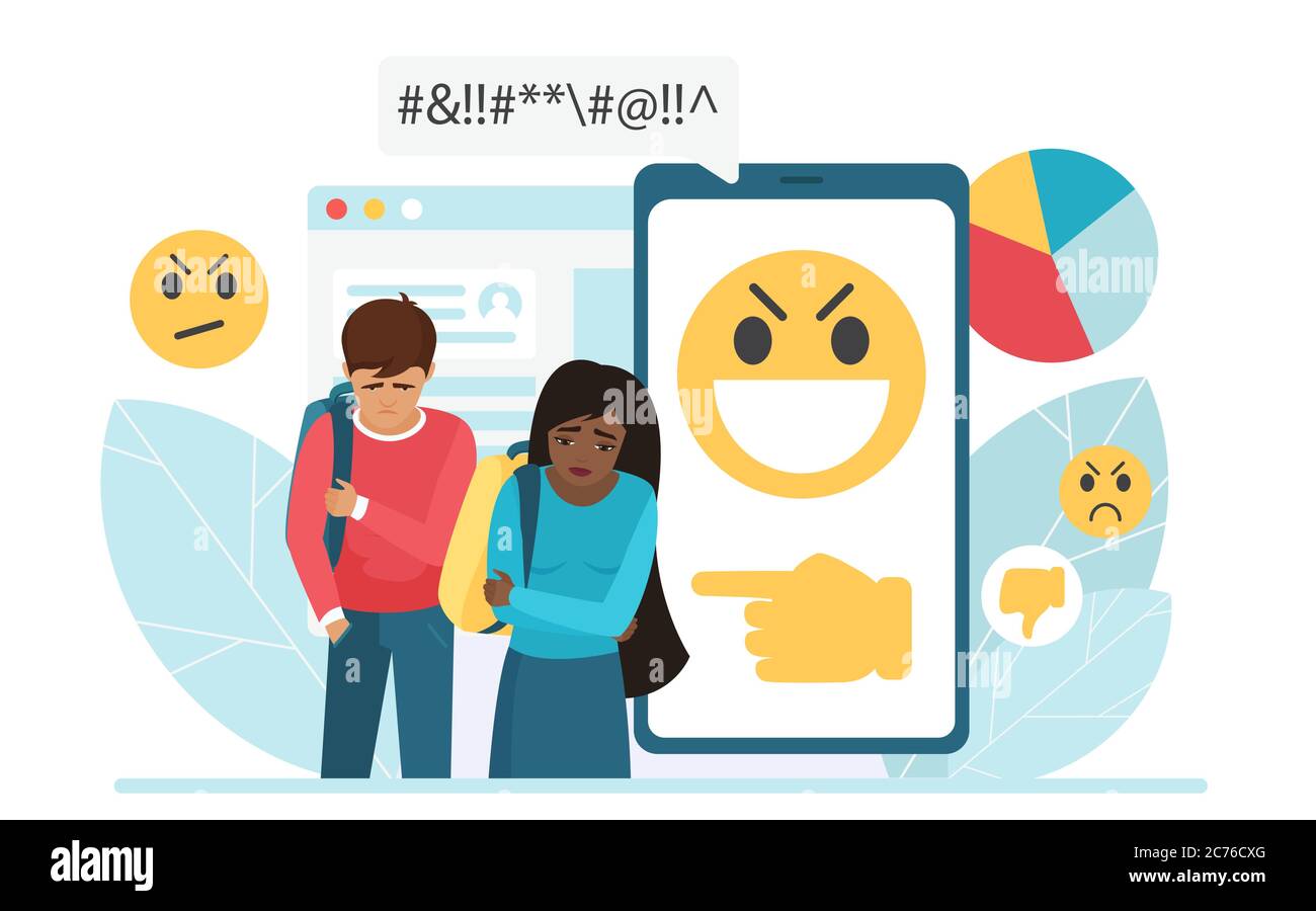 Cyber bullying people vector illustration. Cartoon flat sad bullied teen boy and girl surrounded by message bubbles, online dislike and hate messages, cyber bully mockery problem in social network Stock Vector