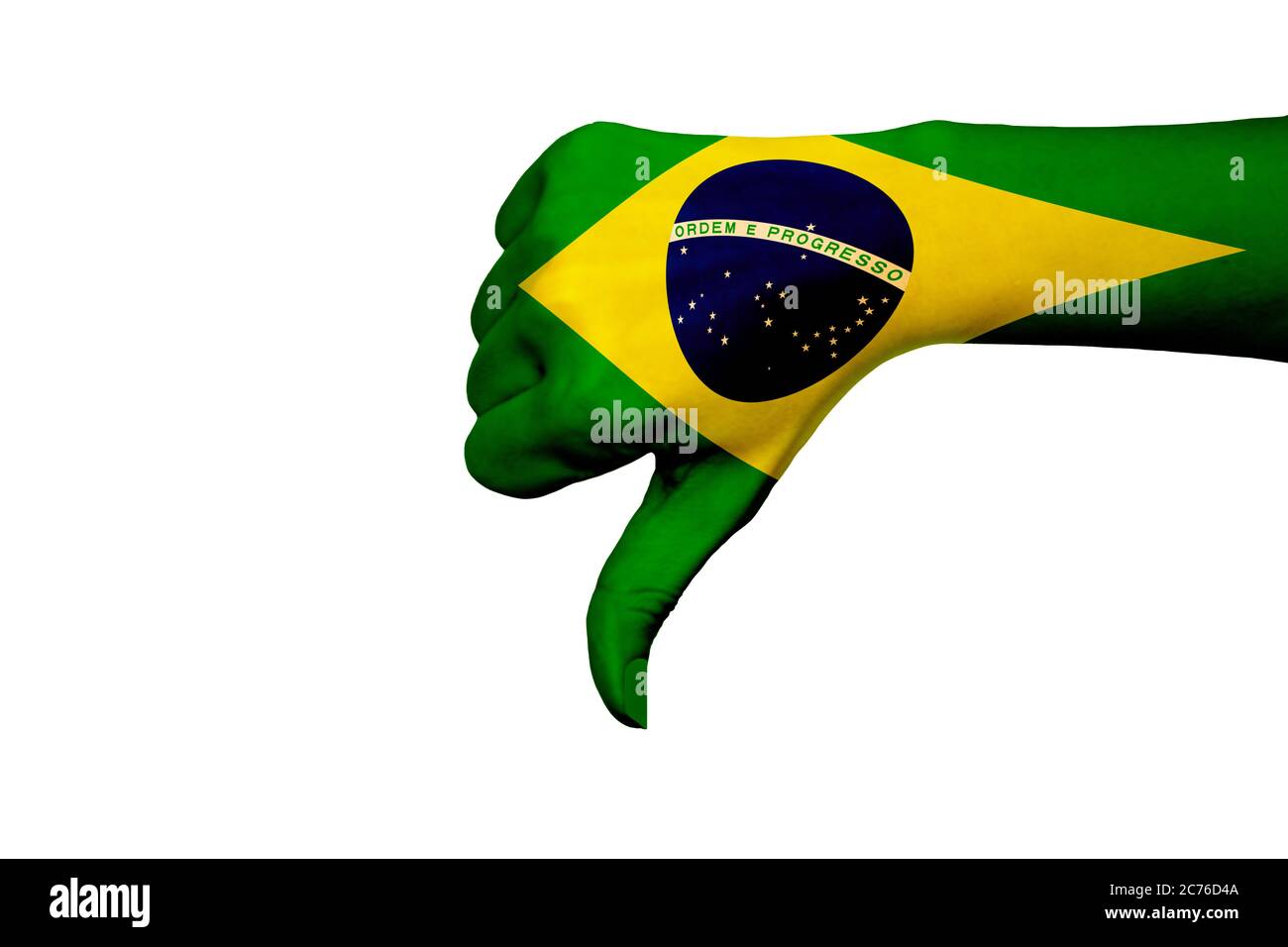 Brazilian flag showing thumb down on white isolated background Stock Photo