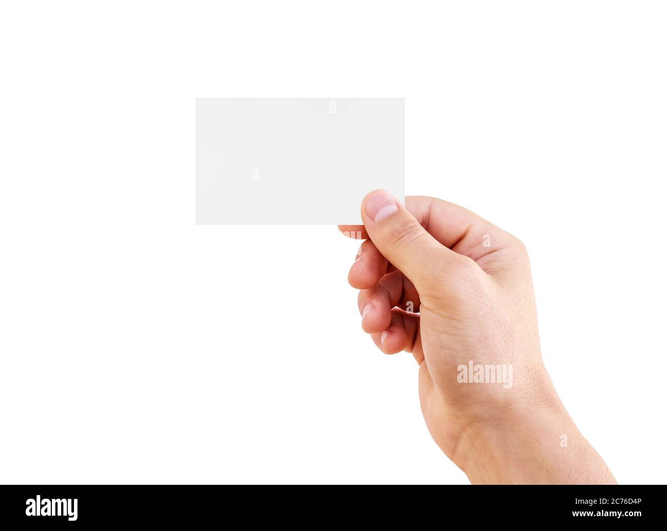 Man hand holding business card isolated on white background. Man hand holding white paper. Stock Photo