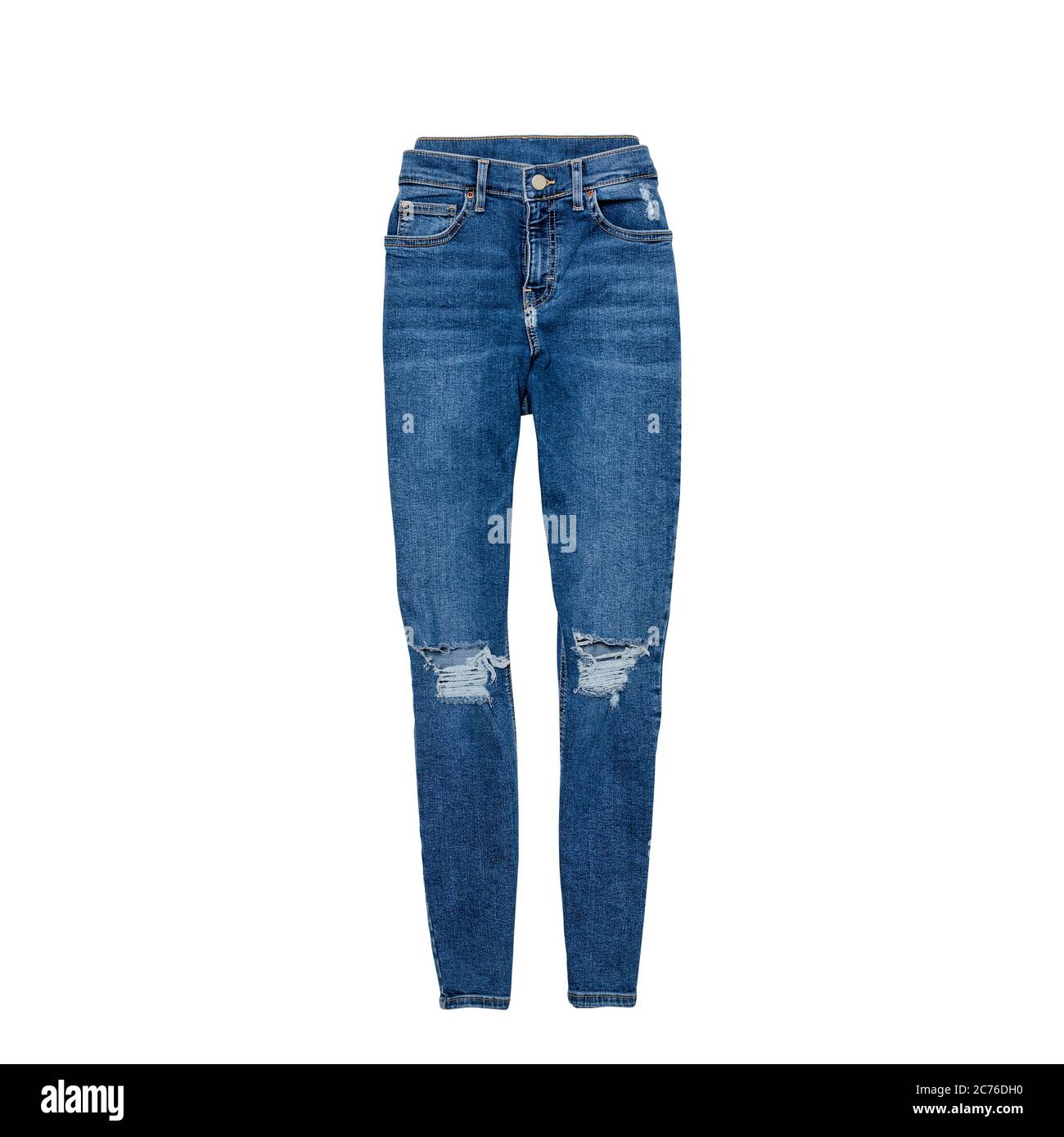 Blue ragged jeans on a white background. Clothing concept. Flat lay.  Isolate Stock Photo - Alamy