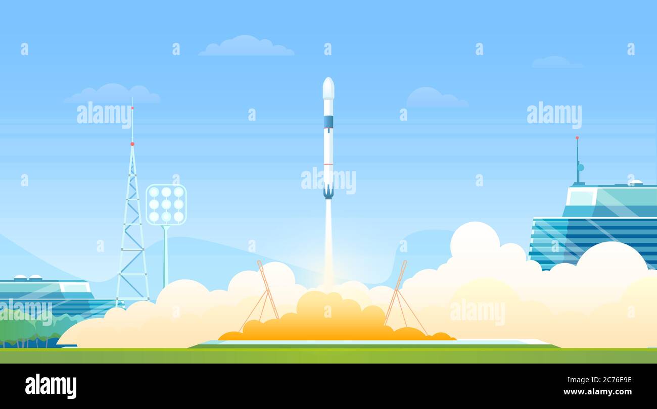 Rocket launch vector illustration. Cartoon flat science spaceship station, heavy rocket shuttle or speed spacecraft launching with fire and smoke cloud into space galaxy panoramic landscape background Stock Vector