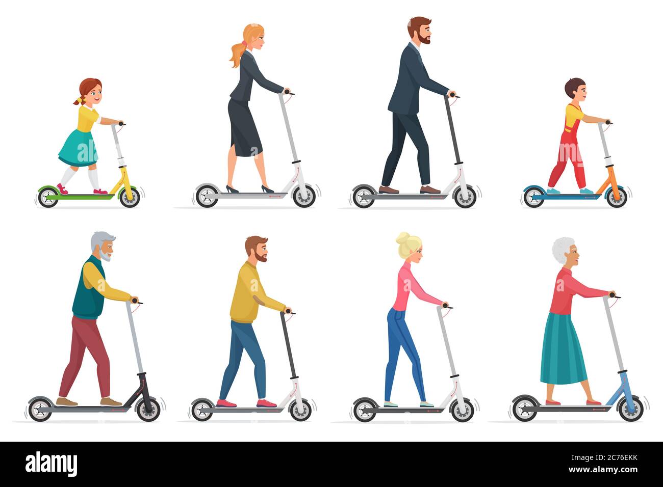 People on electric scooter set flat vector illustration. Male and female cartoon character riding ecologically clean urban vehicle. Family in formal, casual clothes using modern personal transporter Stock Vector
