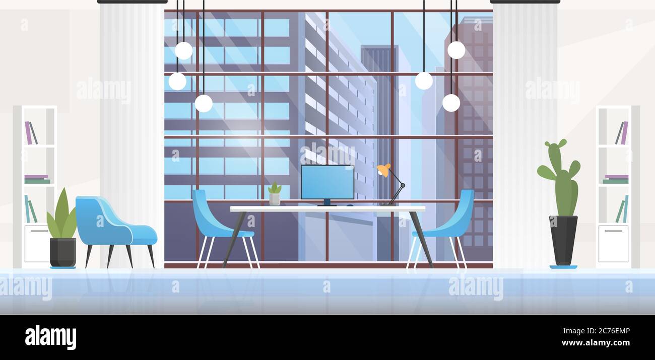 Office interior room vector illustration. Cartoon flat panoramic empty  workplace inside background with modern office furniture, creative interior  design for teamwork of business corporate workers Stock Vector Image & Art  - Alamy