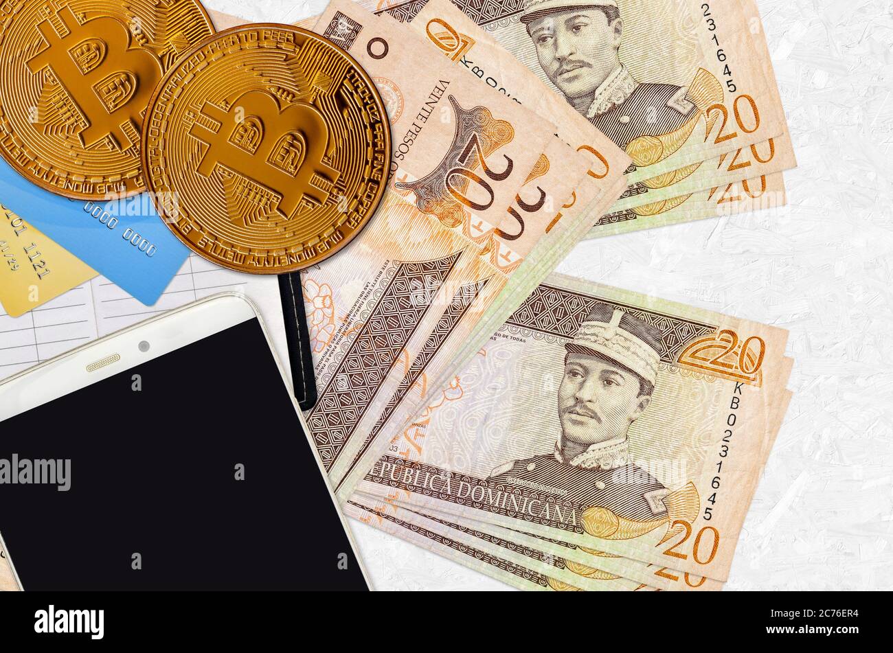20 Dominican peso bills and golden bitcoins. Cryptocurrency investment  concept. Crypto mining or trading transactions Stock Photo - Alamy