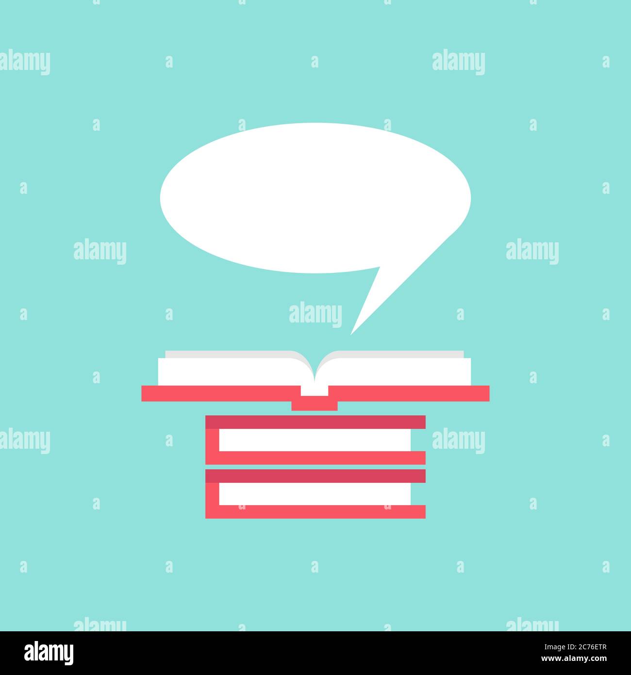 Open book with red book cover and white speech bubble flying out ...