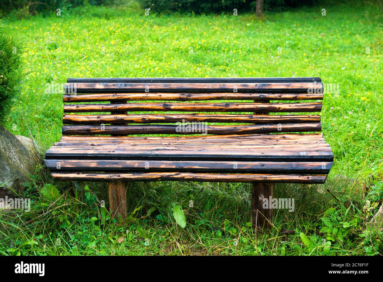 Wooden bench in the green park. Lawn with green grass Stock Photo - Alamy