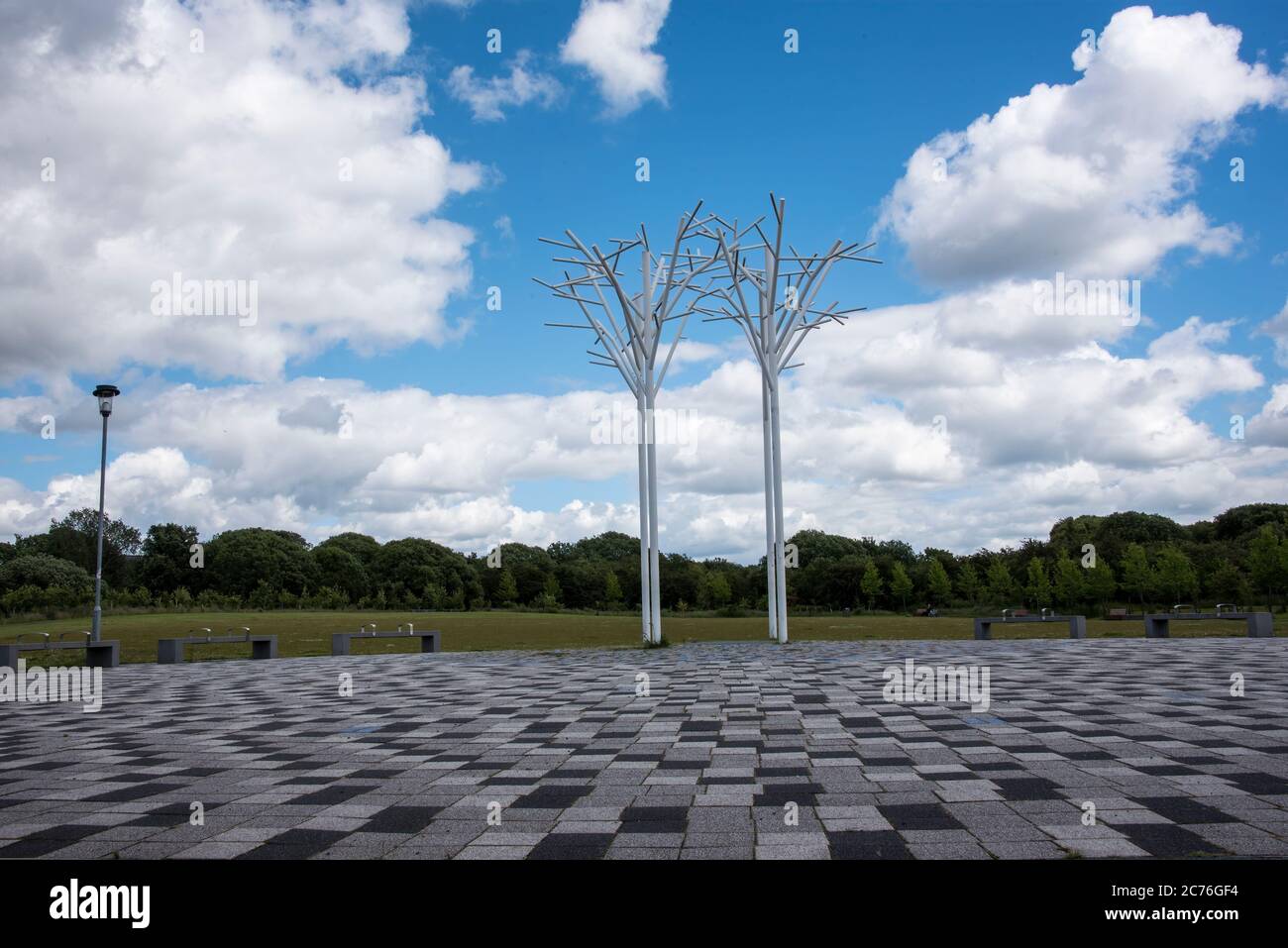 Stylised tree sculpture at Plaza in Cuningar Woodland Park, Glasgow, Scotland Stock Photo