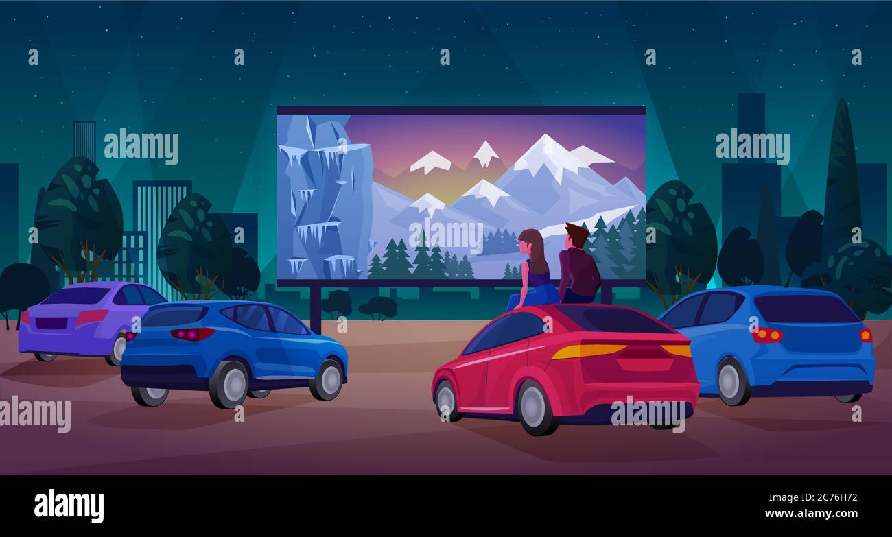 People in car cinema concept vector illustration. Cartoon couple driver  characters sitting, watching movie at big