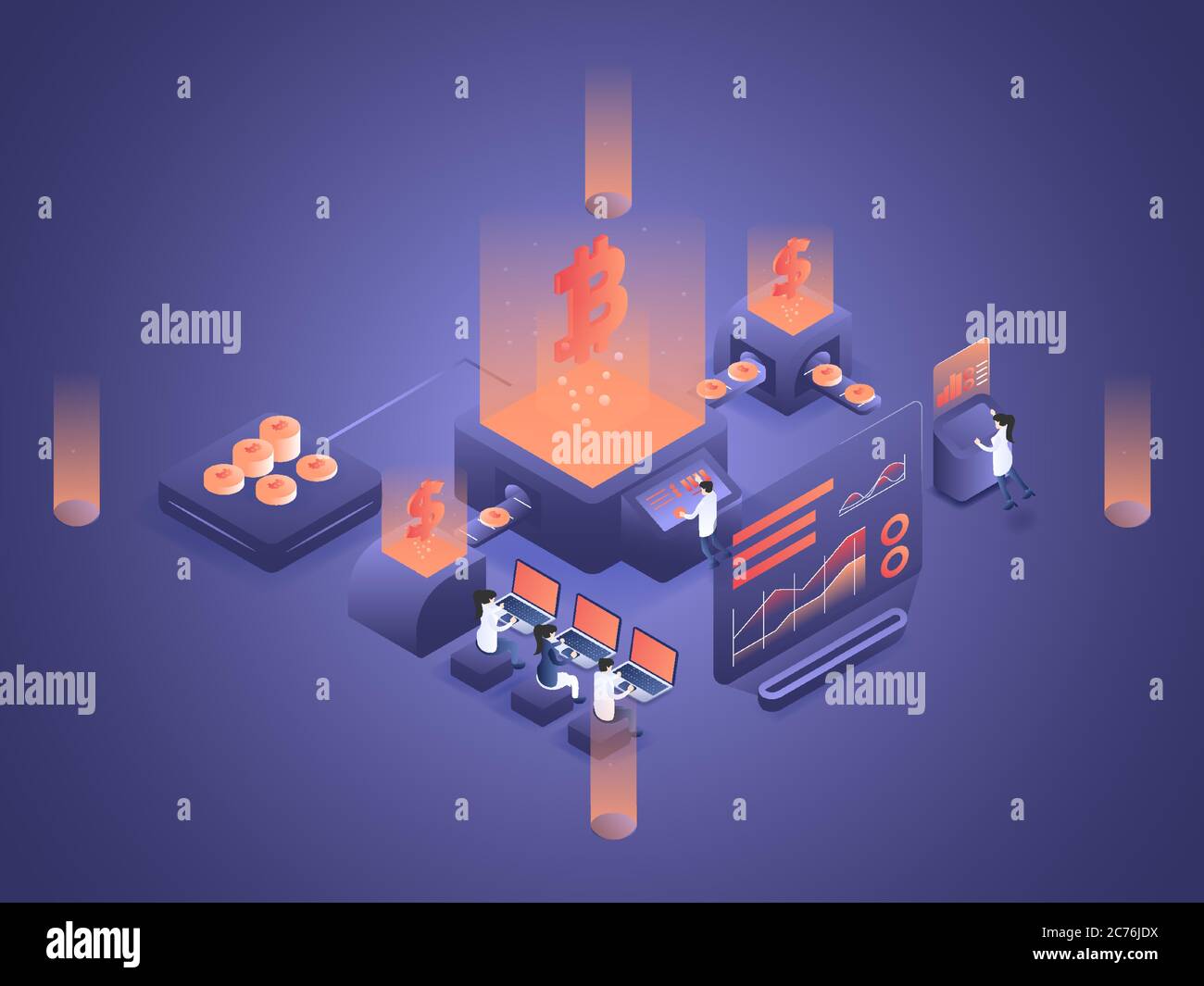 People are processing the graphic chart analytics data of cryptocurrency. 3D vector isometric illustration. Stock Vector