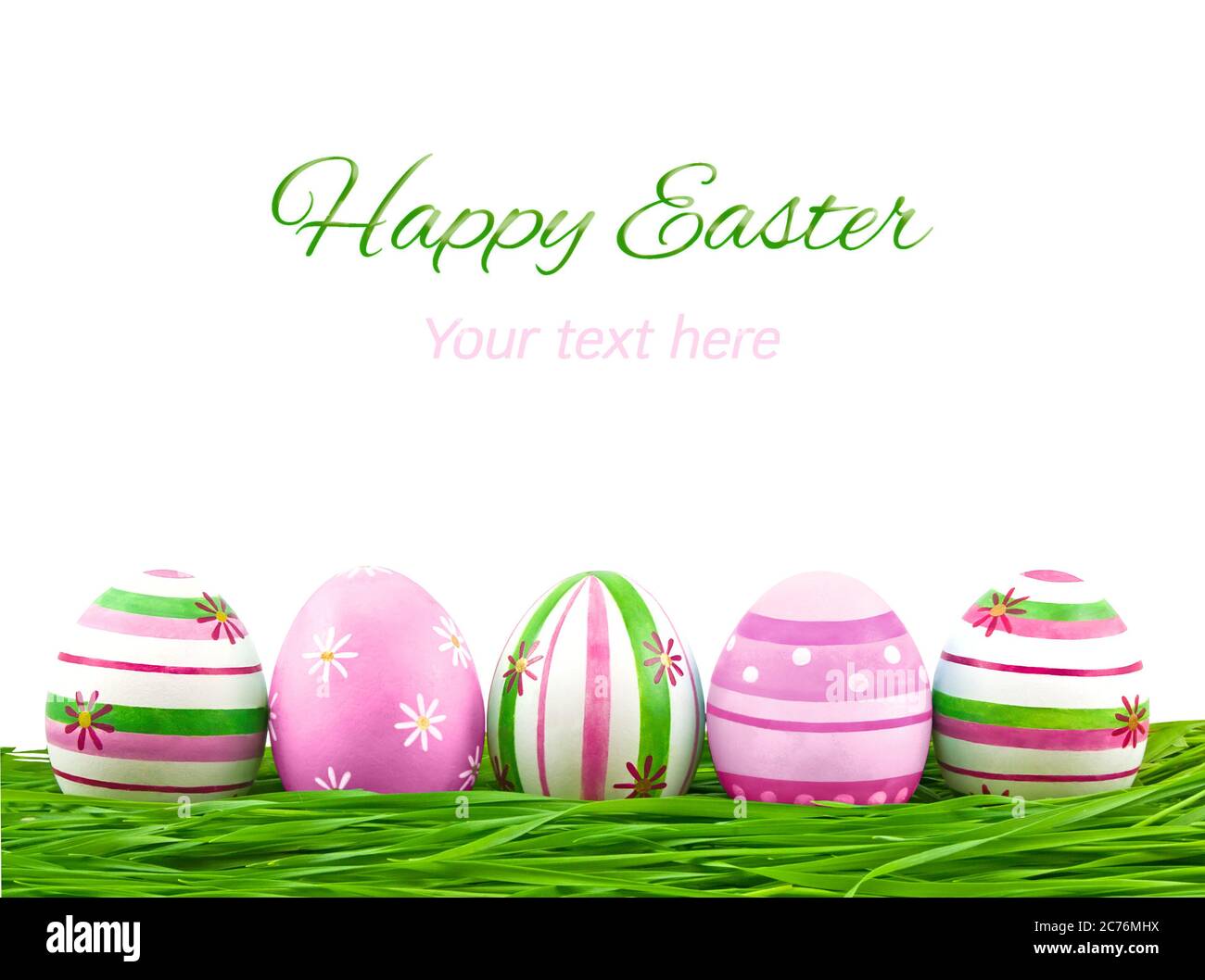 Pink, blue and green easter eggs on a white background Stock Photo