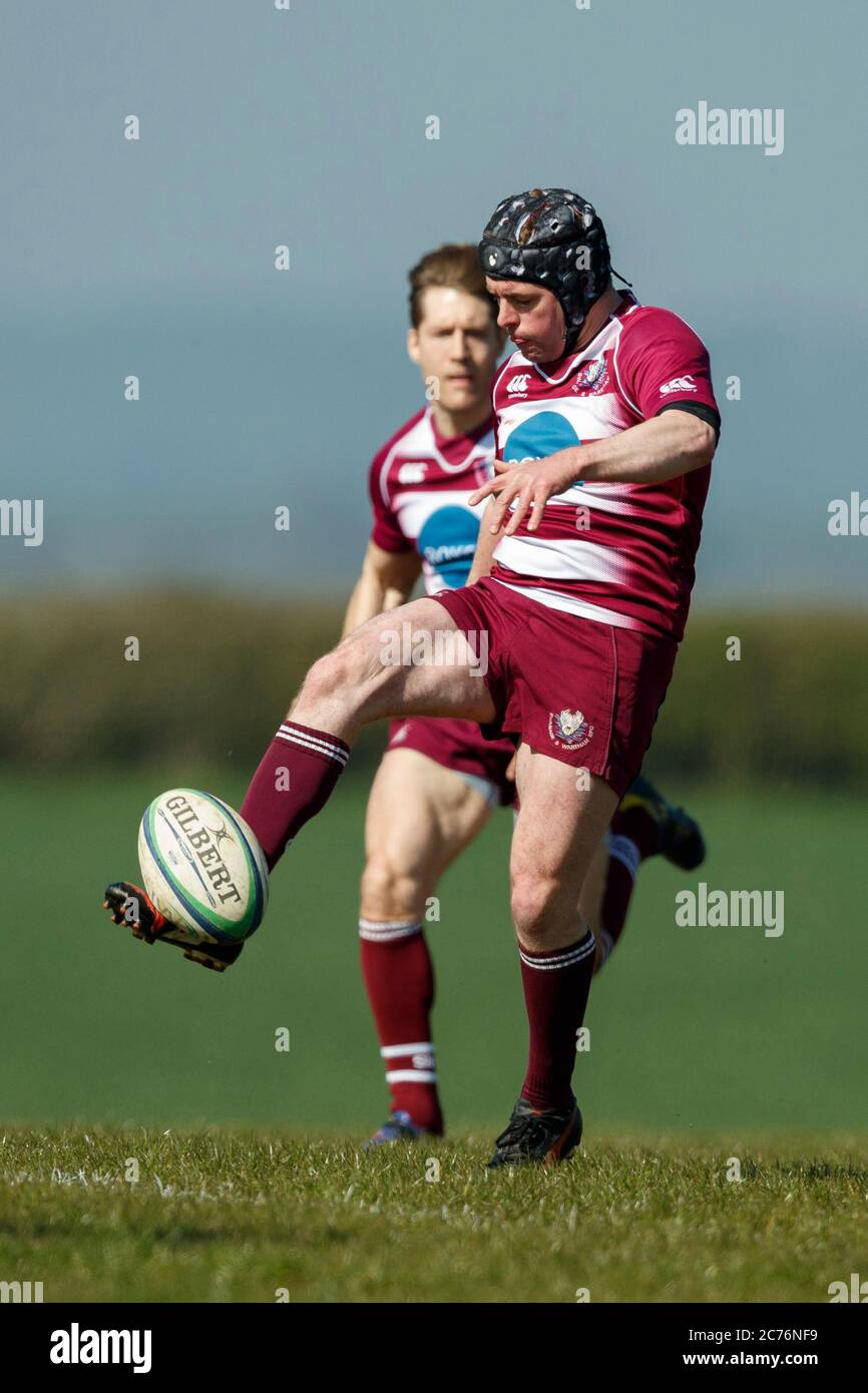 Rugby player kicking ball - NDRFC 1st XV vs Swanage & Wareham RFC 1st XV - Saturday, 8, April, 2017 - North Dorset RFC - Gillingham - Dorset - England Stock Photo