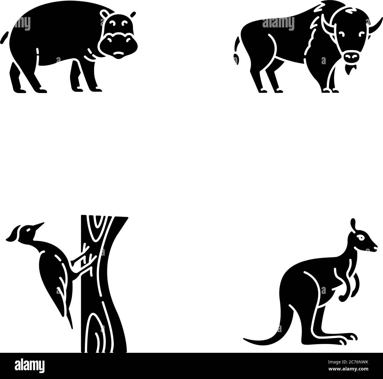 Various animals black glyph icons set on white space. Common forest bird and exotic fauna silhouette symbols. Hippopotamus, woodpecker, american bison Stock Vector