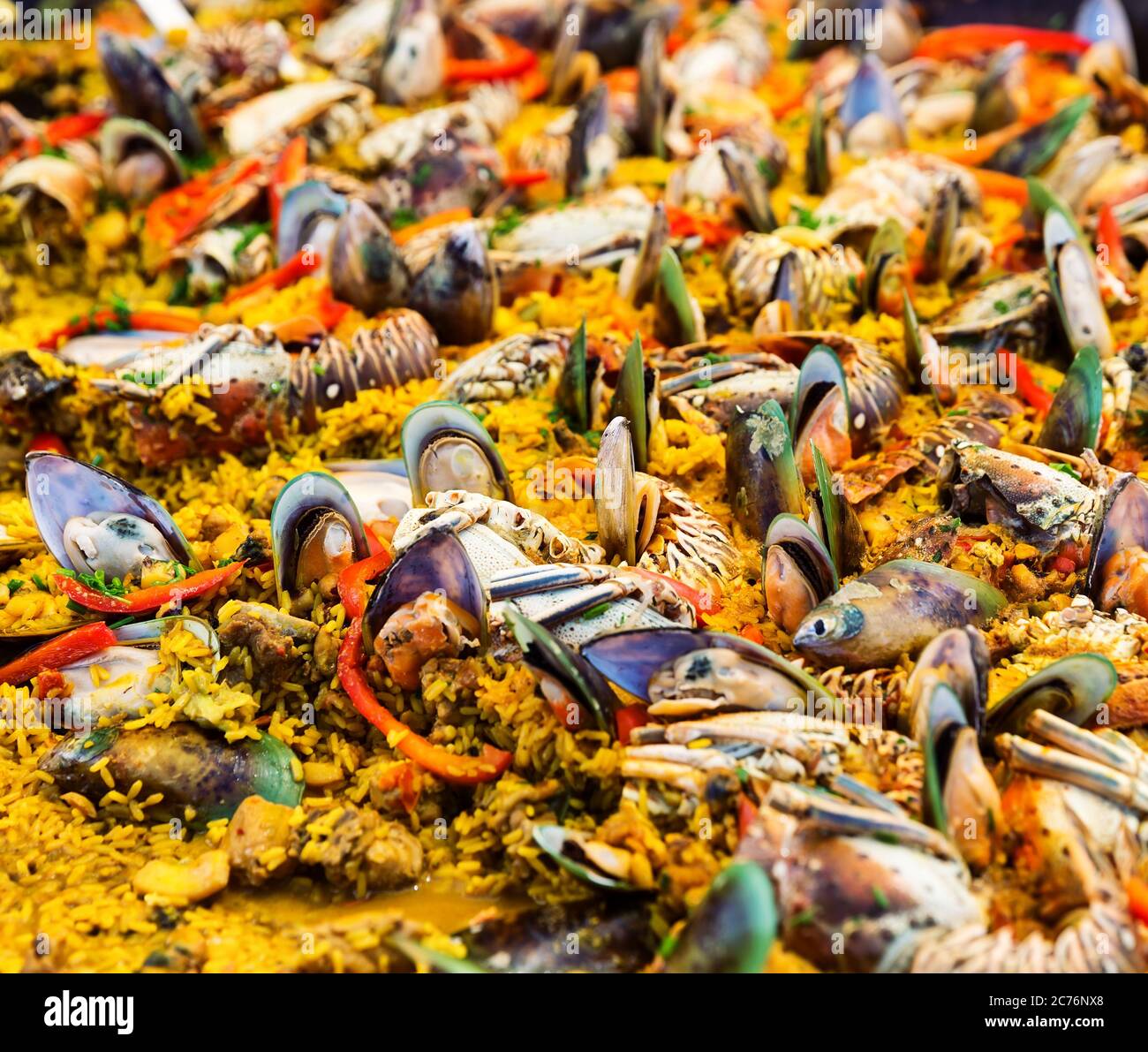 Typical spanish seafood paella as food background Stock Photo