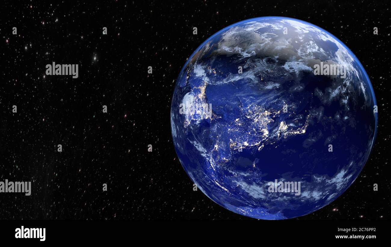 Planet Earth. The radiance of the cities of Asia, India and China. 3D rendering. Stock Photo