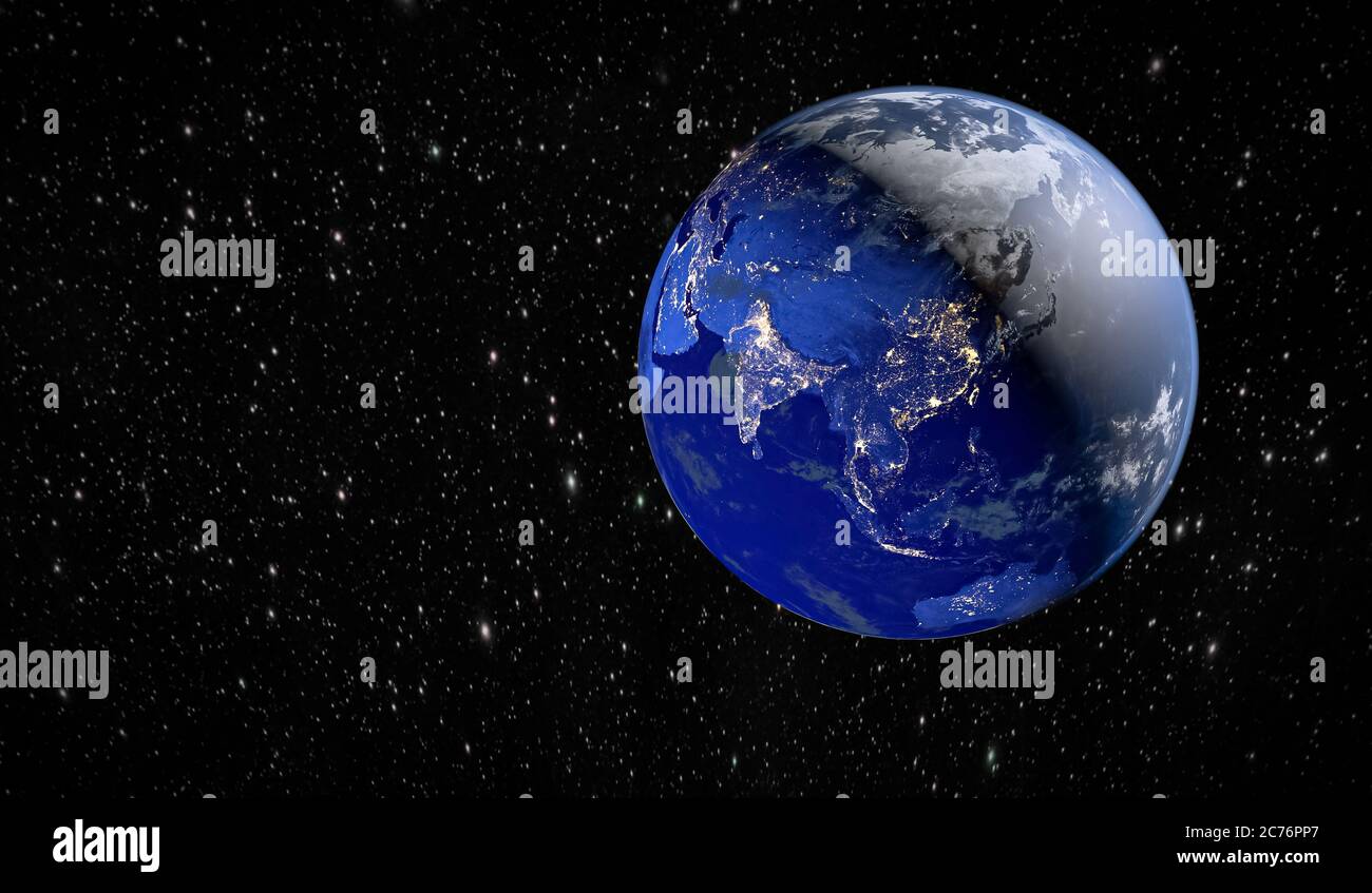 Planet Earth. Glow of cities in India and China. 3D rendering. Stock Photo