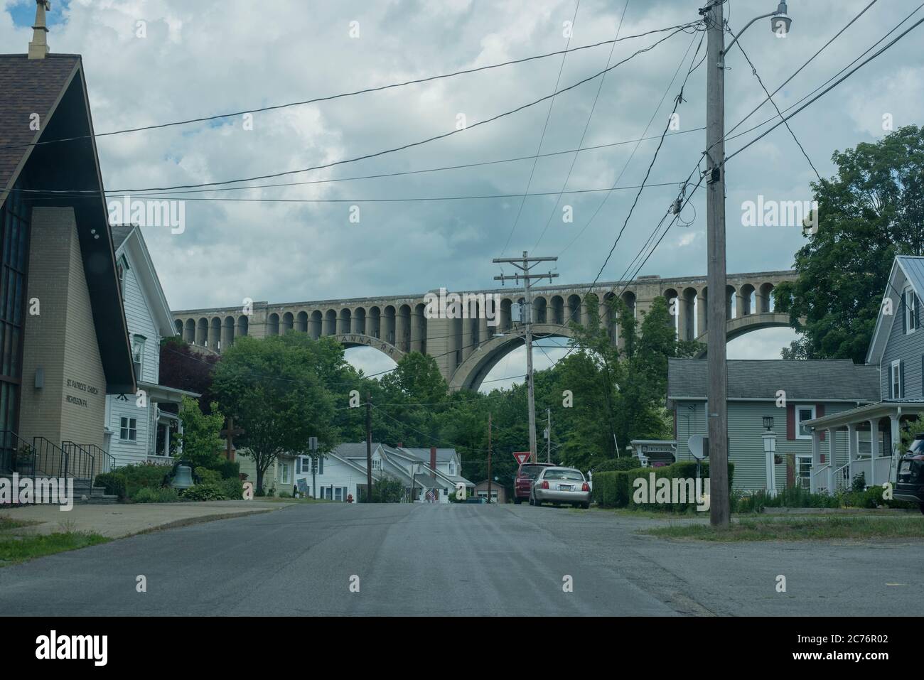 The Tunkhannock Stone Viaduct rises up in Nicholson, Pennsylvania, USA