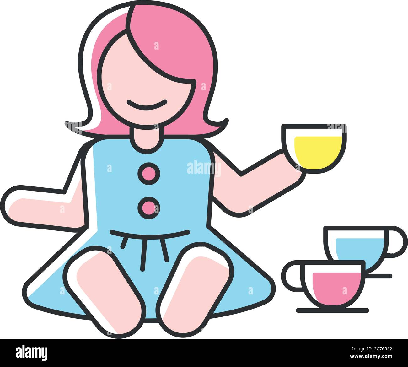 Pretend kitchenware RGB color icon. Baby doll with tea set. Toys for playing pretend game with children. Social skills development. Girls activity ide Stock Vector