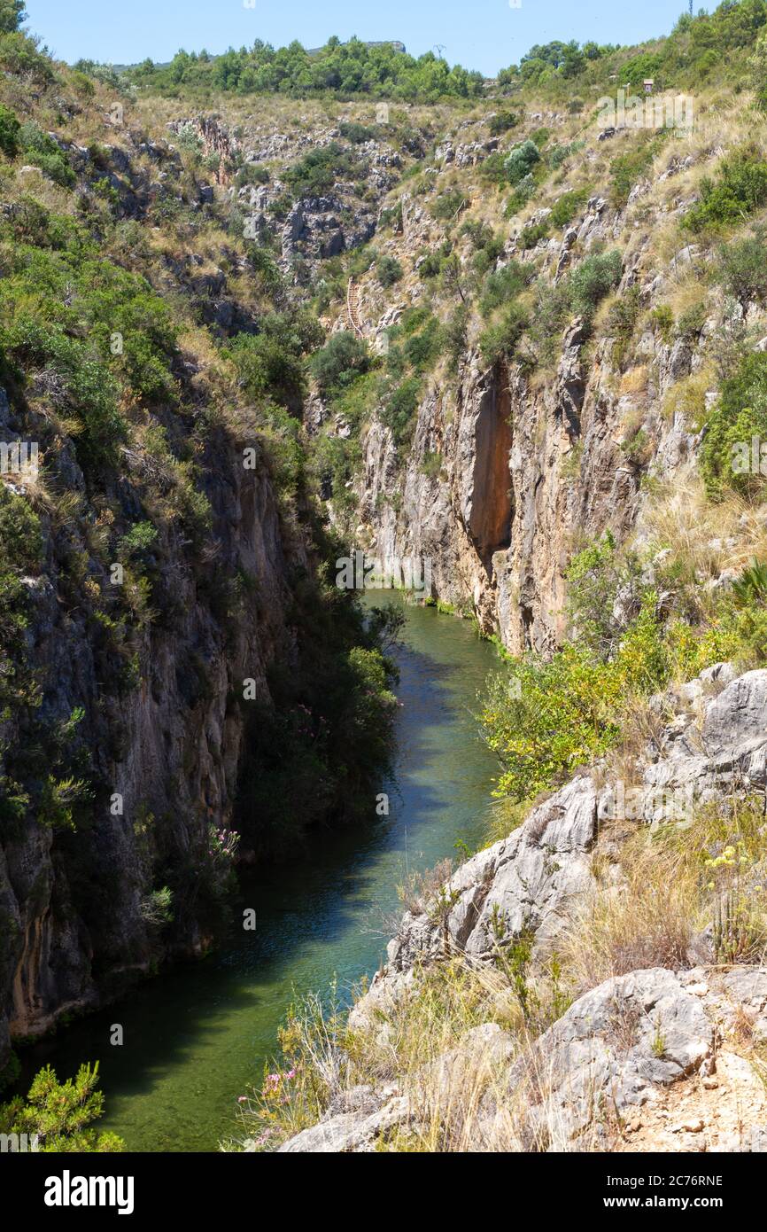 Landscape with mountains, hills and rivers in "Ruta De Los Calderones Puentes  Colgantes" in Chulilla, Valencia, Spain Stock Photo - Alamy