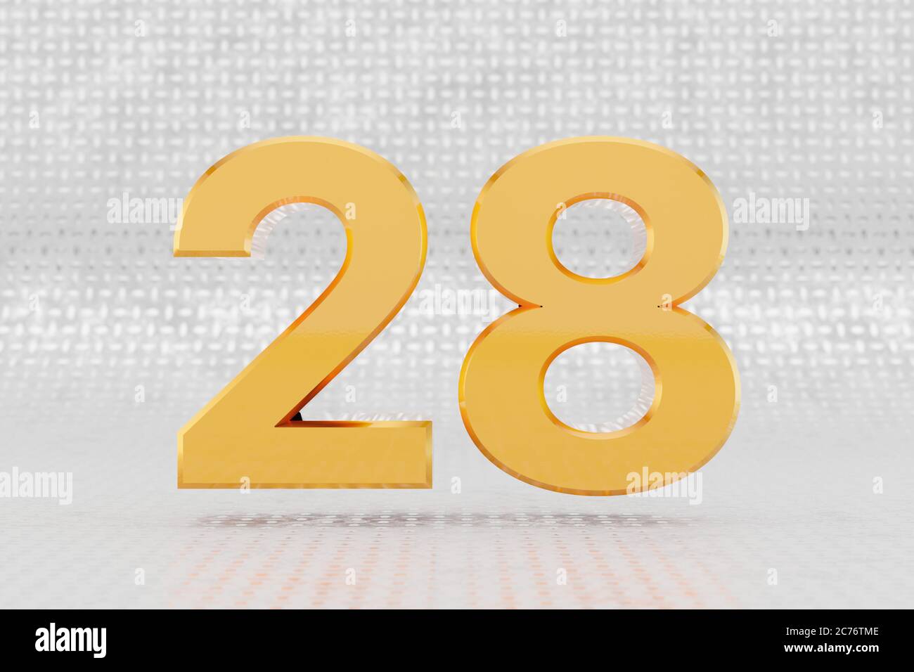 Yellow 3d number 28. Glossy yellow metallic number on metal floor background. Shiny gold metal alphabet with studio light reflections. 3d rendered font character. Stock Photo