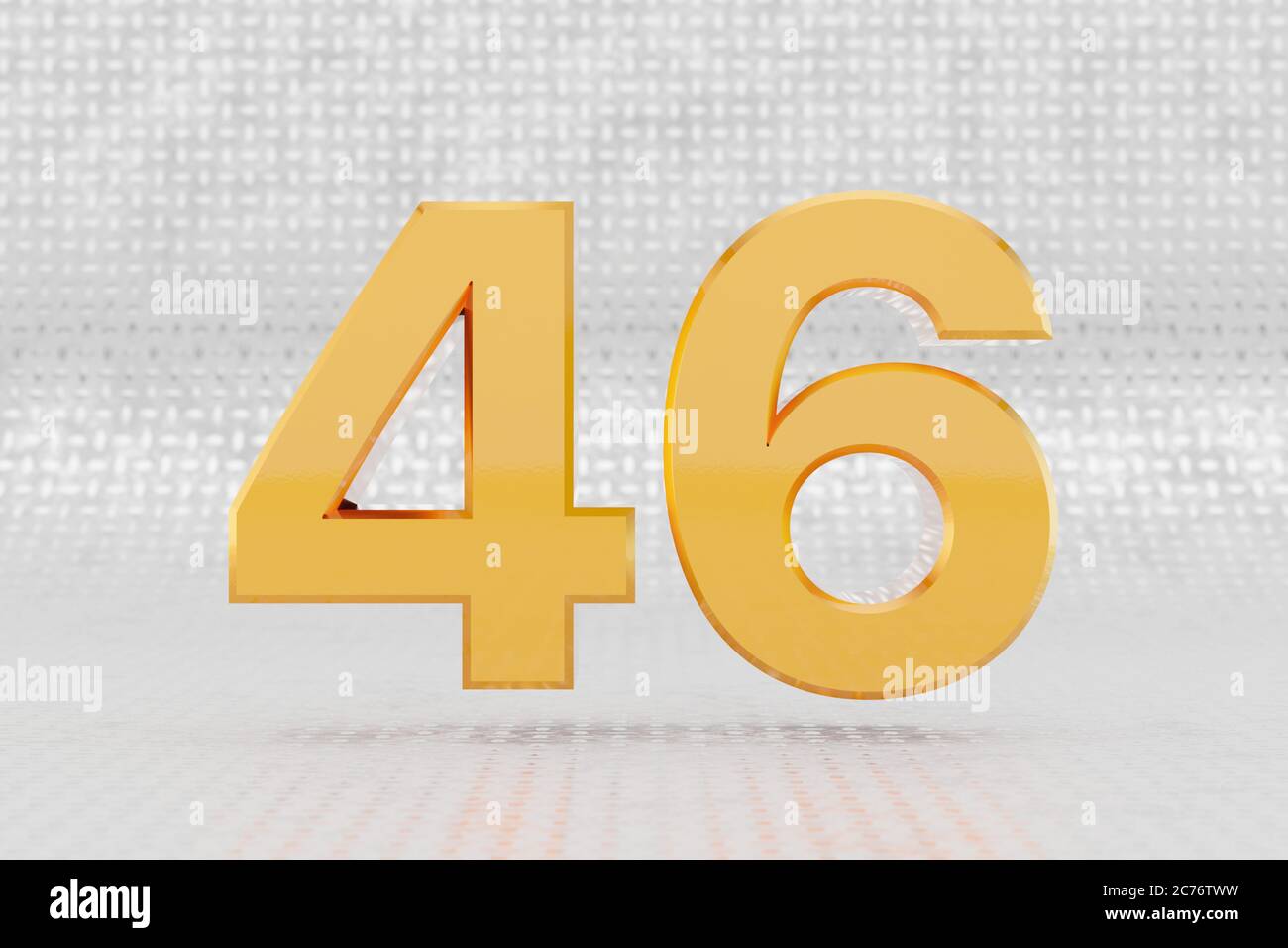 Yellow 3d number 46. Glossy yellow metallic number on metal floor background. Shiny gold metal alphabet with studio light reflections. 3d rendered font character. Stock Photo