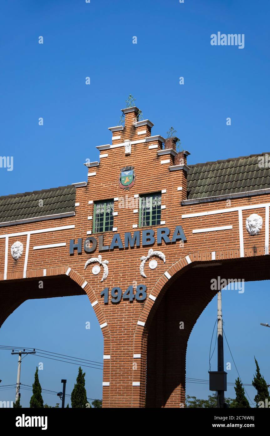 Middle section close up detail of Holambra city gate entrance bricks ...