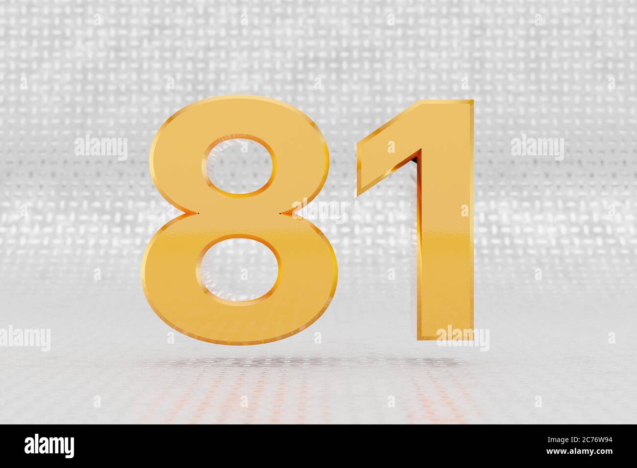 Yellow 3d number 81. Glossy yellow metallic number on metal floor background. Shiny gold metal alphabet with studio light reflections. 3d rendered font character. Stock Photo