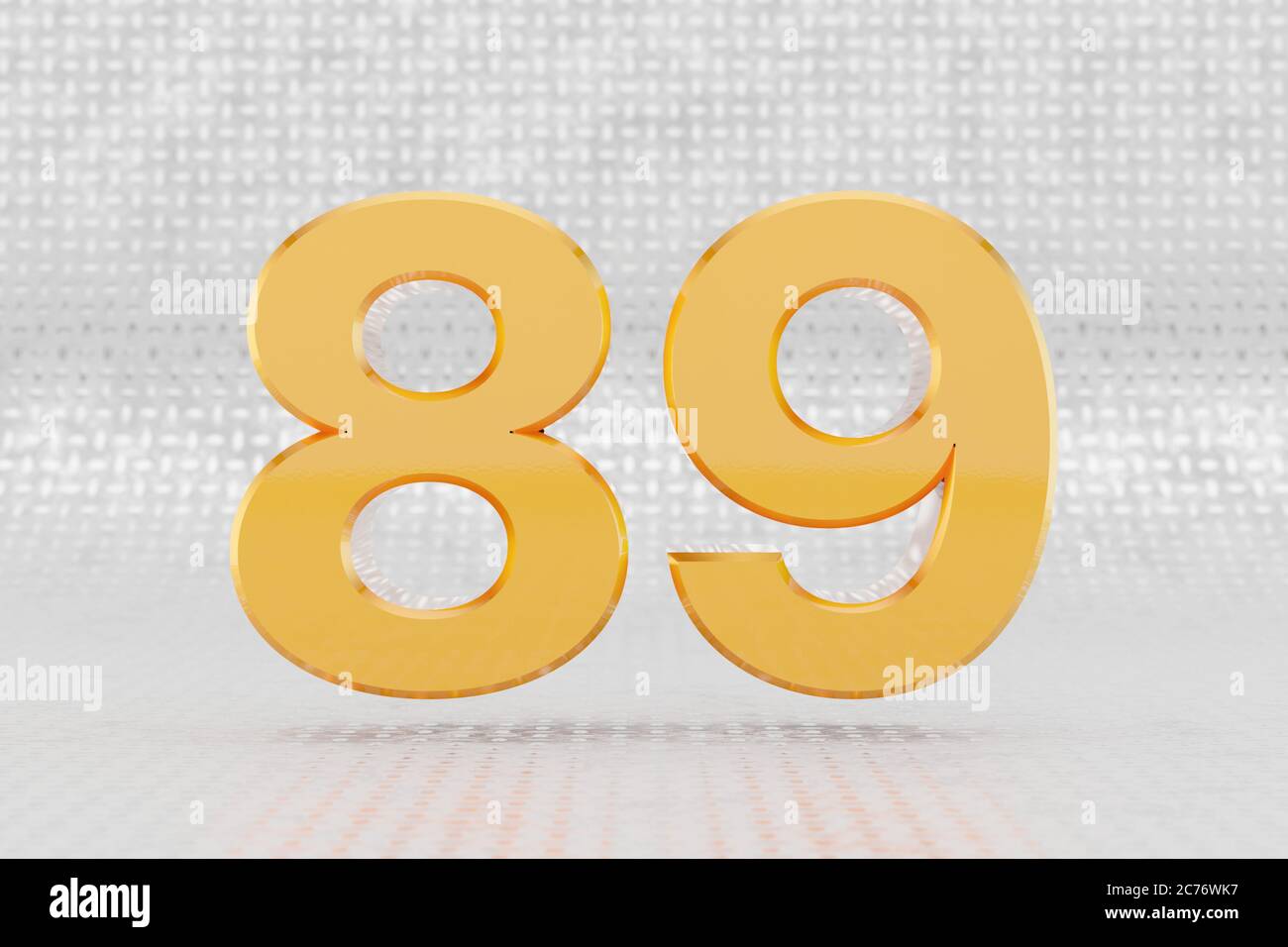 Yellow 3d number 89. Glossy yellow metallic number on metal floor background. Shiny gold metal alphabet with studio light reflections. 3d rendered font character. Stock Photo
