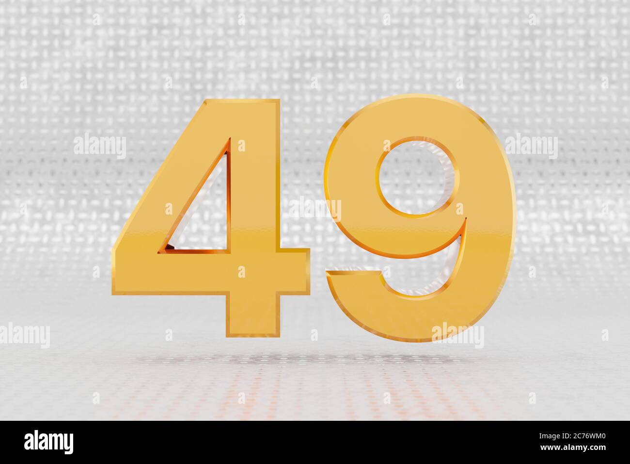 Yellow 3d number 49. Glossy yellow metallic number on metal floor background. Shiny gold metal alphabet with studio light reflections. 3d rendered font character. Stock Photo