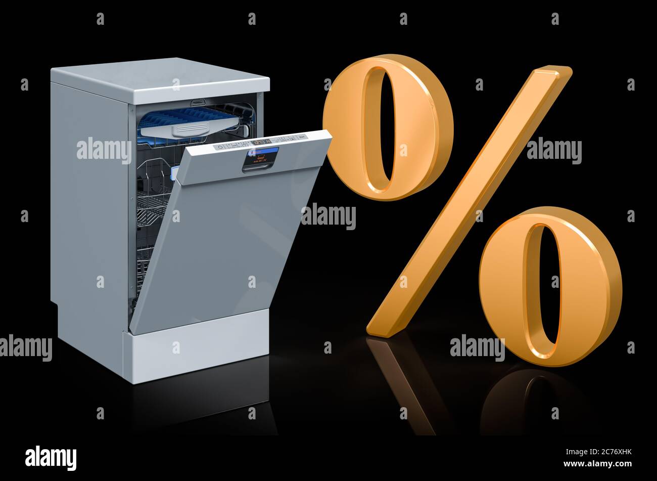 Dishwasher with golden percent symbol. Discount concept, 3D rendering isolated on black